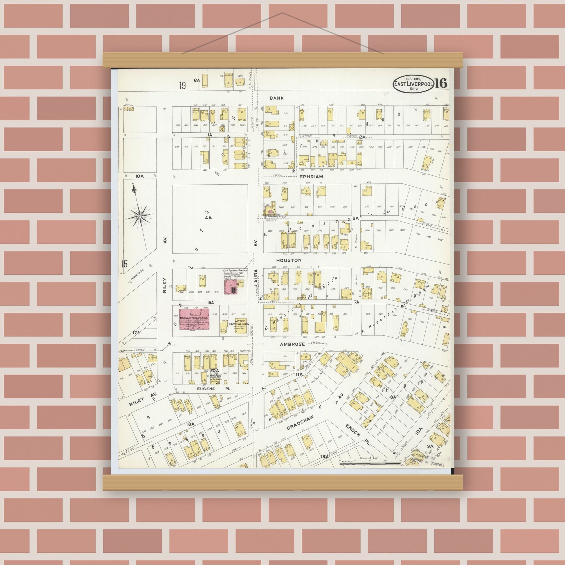 Old map wall art mockup — magnetic wood frame on brick wall — Sanborn Fire Insurance Map from East Liverpool, Columbiana County, Ohio (1908), Sheet #0016