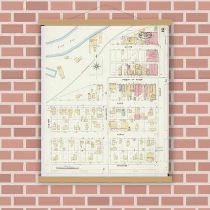 Old map wall art mockup — magnetic wood frame on brick wall — Sanborn Fire Insurance Map from South Haven, Van Buren County, Michigan (1896), Sheet #0002