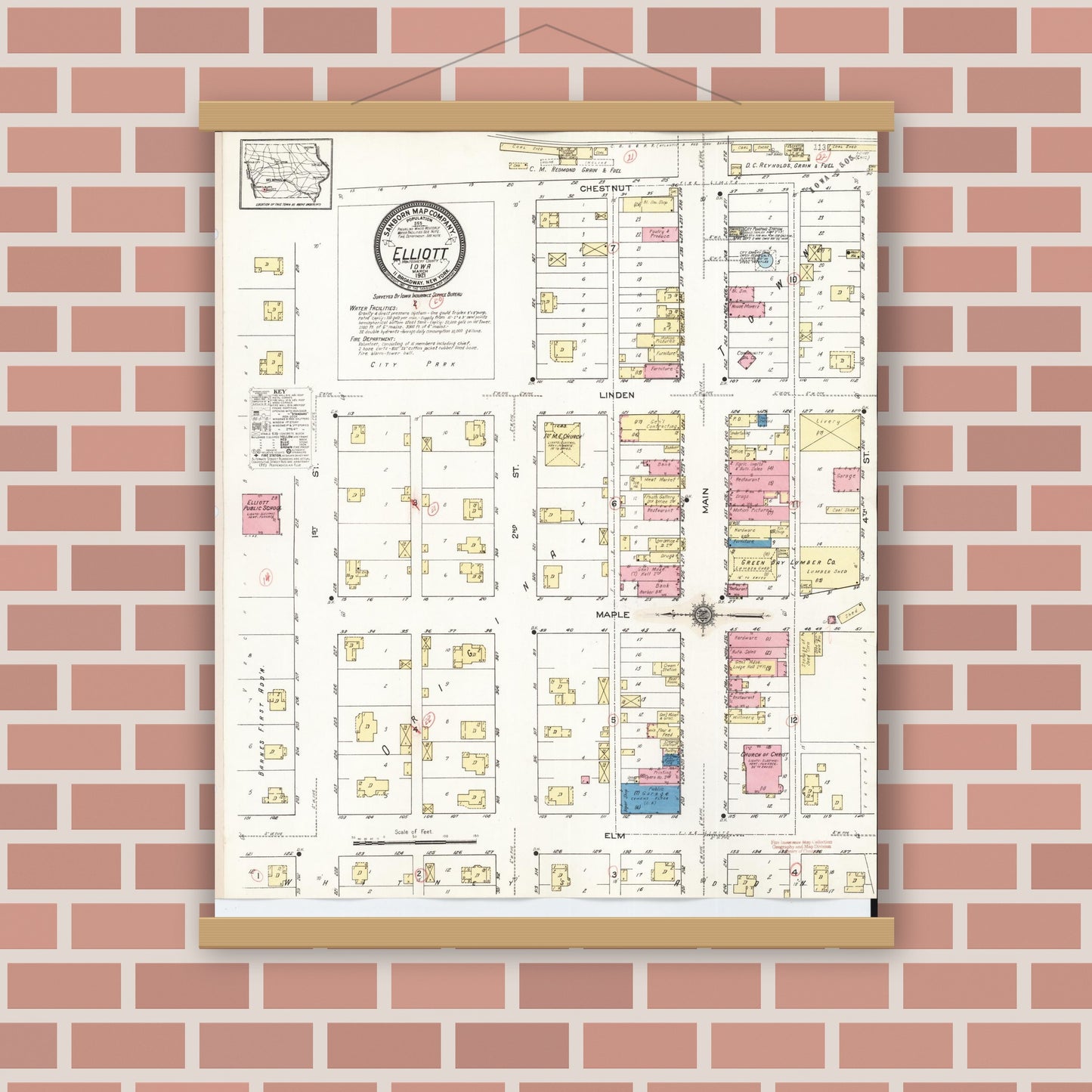 Old map wall art mockup — magnetic wood frame on brick wall — Sanborn Fire Insurance Map from Elliott, Montgomery County, Iowa (1921), Sheet #0001
