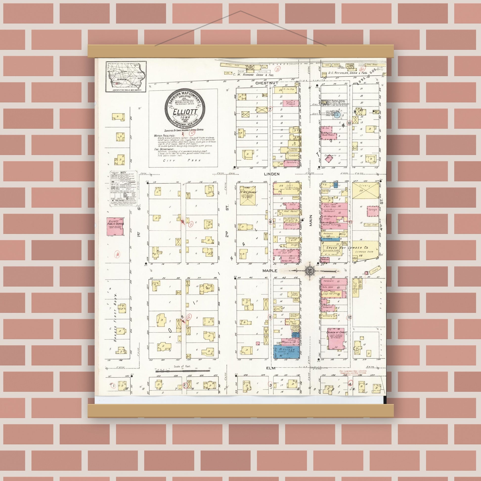 Old map wall art mockup — magnetic wood frame on brick wall — Sanborn Fire Insurance Map from Elliott, Montgomery County, Iowa (1921), Sheet #0001