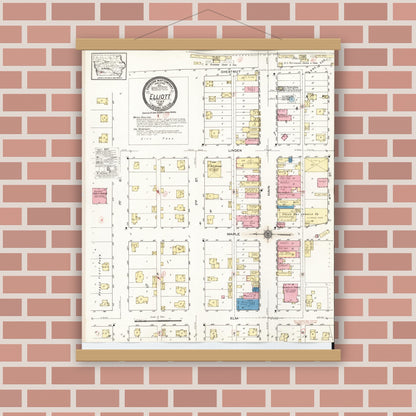 Old map wall art mockup — magnetic wood frame on brick wall — Sanborn Fire Insurance Map from Elliott, Montgomery County, Iowa (1921), Sheet #0001