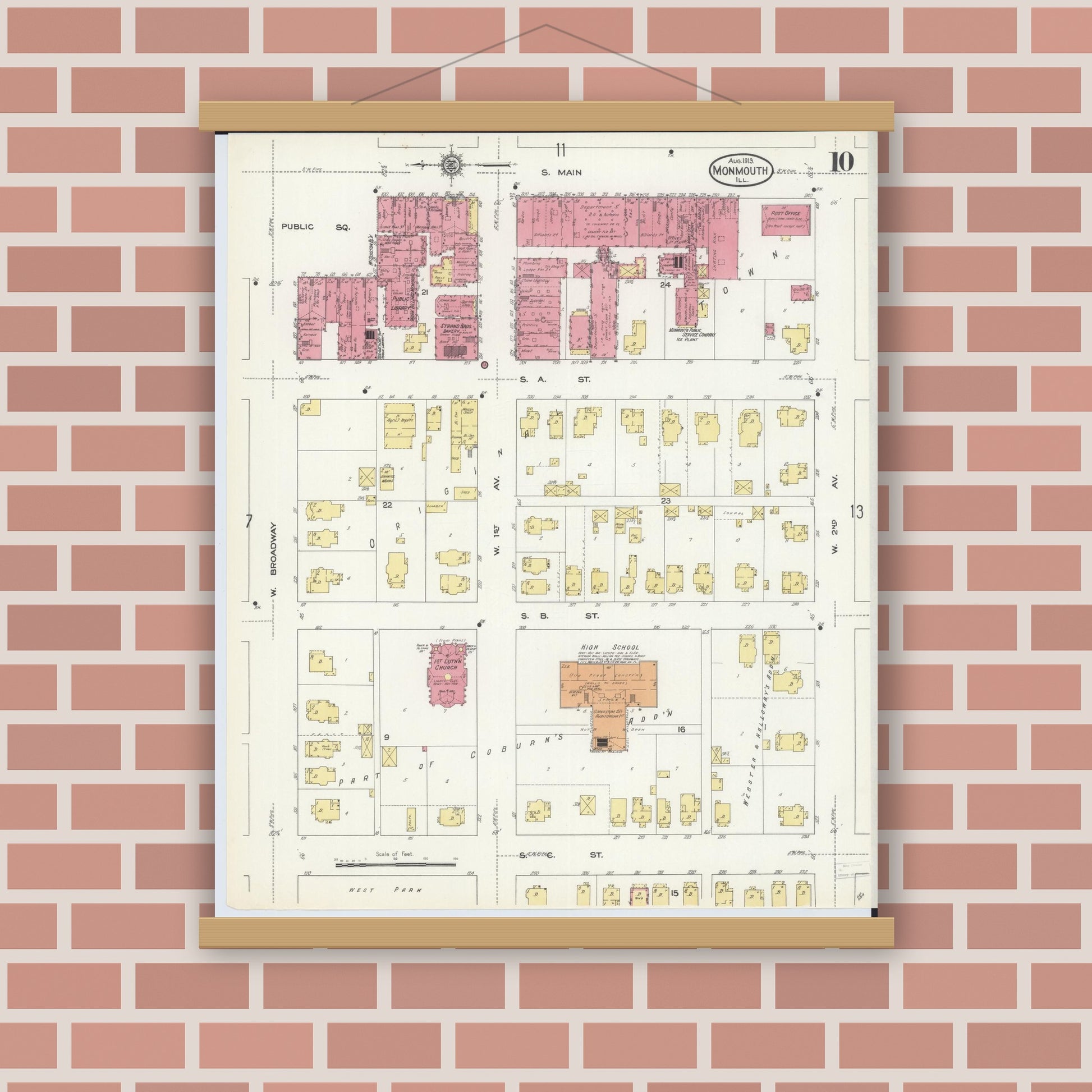 Old map wall art mockup — magnetic wood frame on brick wall — Sanborn Fire Insurance Map from Monmouth, Warren County, Illinois (1913), Sheet #0010