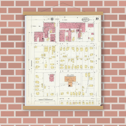 Old map wall art mockup — magnetic wood frame on brick wall — Sanborn Fire Insurance Map from Monmouth, Warren County, Illinois (1913), Sheet #0010