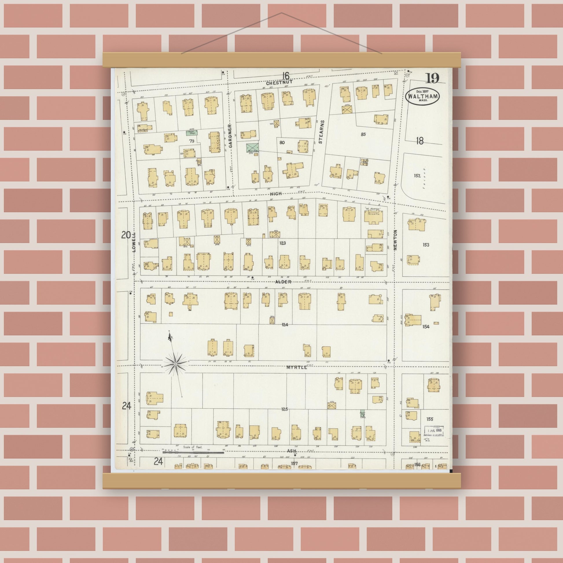 Old map wall art mockup — magnetic wood frame on brick wall — Sanborn Fire Insurance Map from Waltham, Middlesex County, Massachusetts (1897), Sheet #0019
