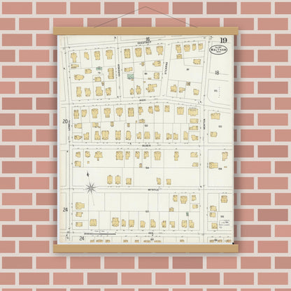 Old map wall art mockup — magnetic wood frame on brick wall — Sanborn Fire Insurance Map from Waltham, Middlesex County, Massachusetts (1897), Sheet #0019