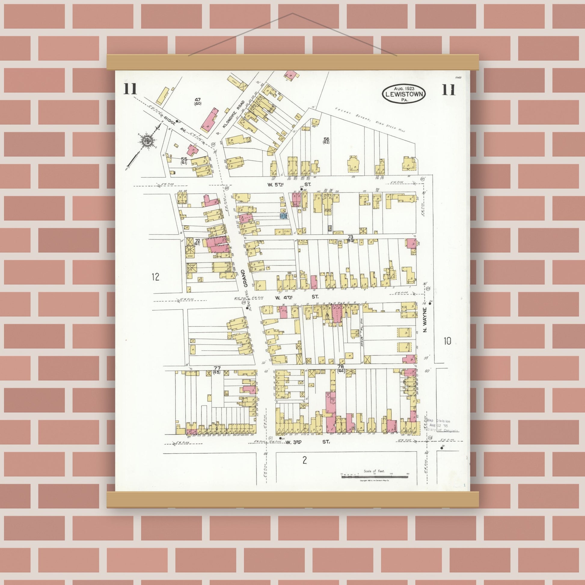 Old map wall art mockup — magnetic wood frame on brick wall — Sanborn Fire Insurance Map from Lewistown, Mifflin County, Pennsylvania (1923), Sheet #0011