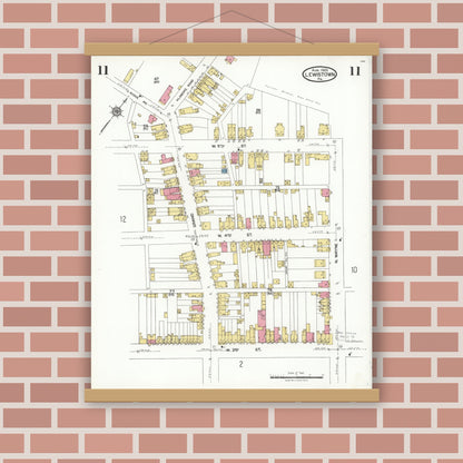 Old map wall art mockup — magnetic wood frame on brick wall — Sanborn Fire Insurance Map from Lewistown, Mifflin County, Pennsylvania (1923), Sheet #0011