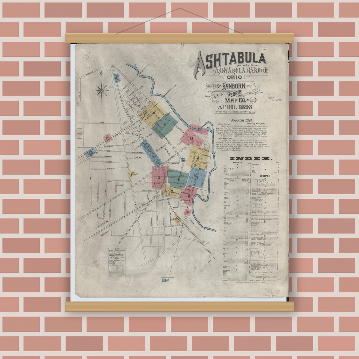 Old map wall art mockup — magnetic wood frame on brick wall — Sanborn Fire Insurance Map from Ashtabula, Ashtabula County, Ohio (1893), Sheet #0001