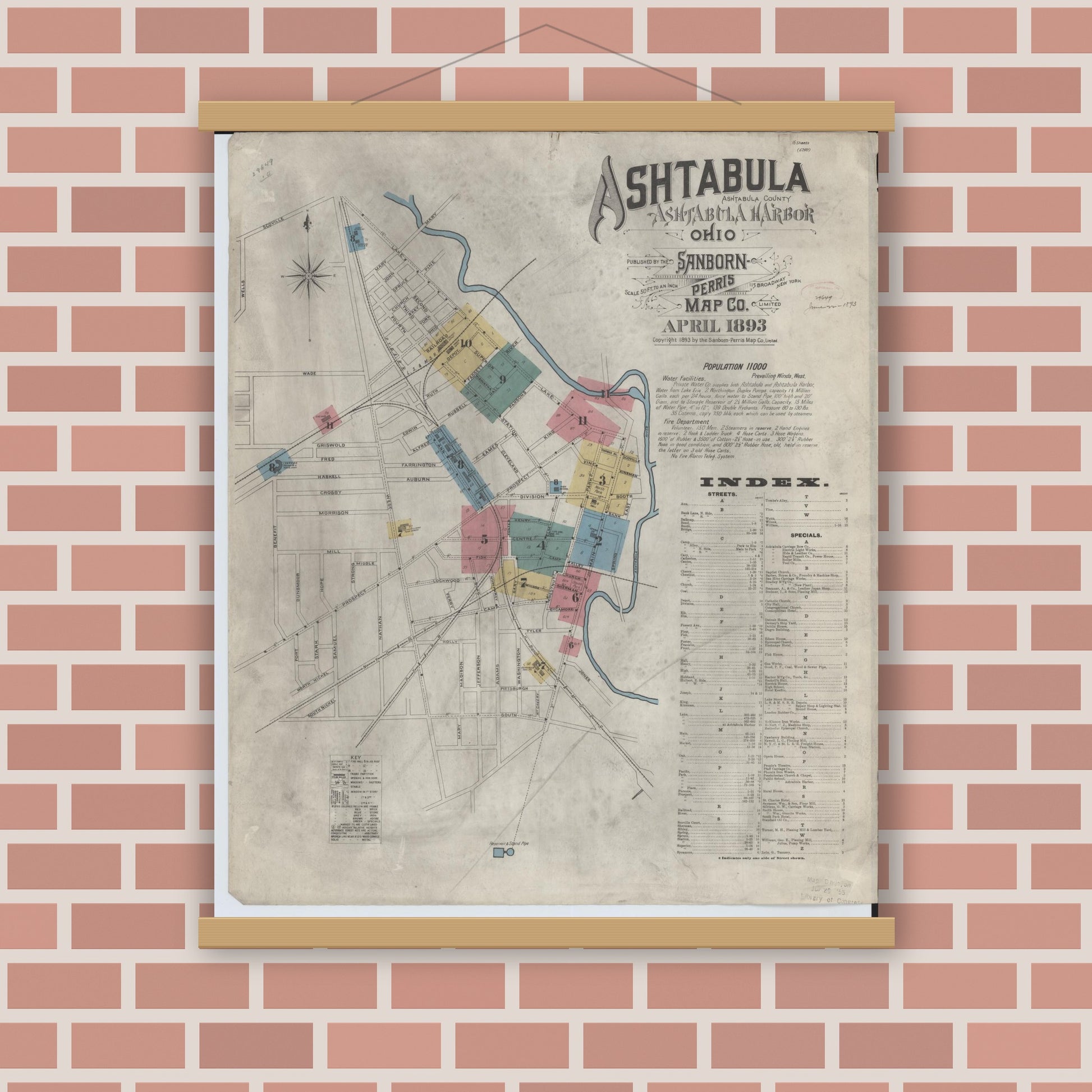 Old map wall art mockup — magnetic wood frame on brick wall — Sanborn Fire Insurance Map from Ashtabula, Ashtabula County, Ohio (1893), Sheet #0001