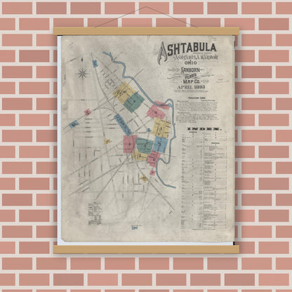 Old map wall art mockup — magnetic wood frame on brick wall — Sanborn Fire Insurance Map from Ashtabula, Ashtabula County, Ohio (1893), Sheet #0001