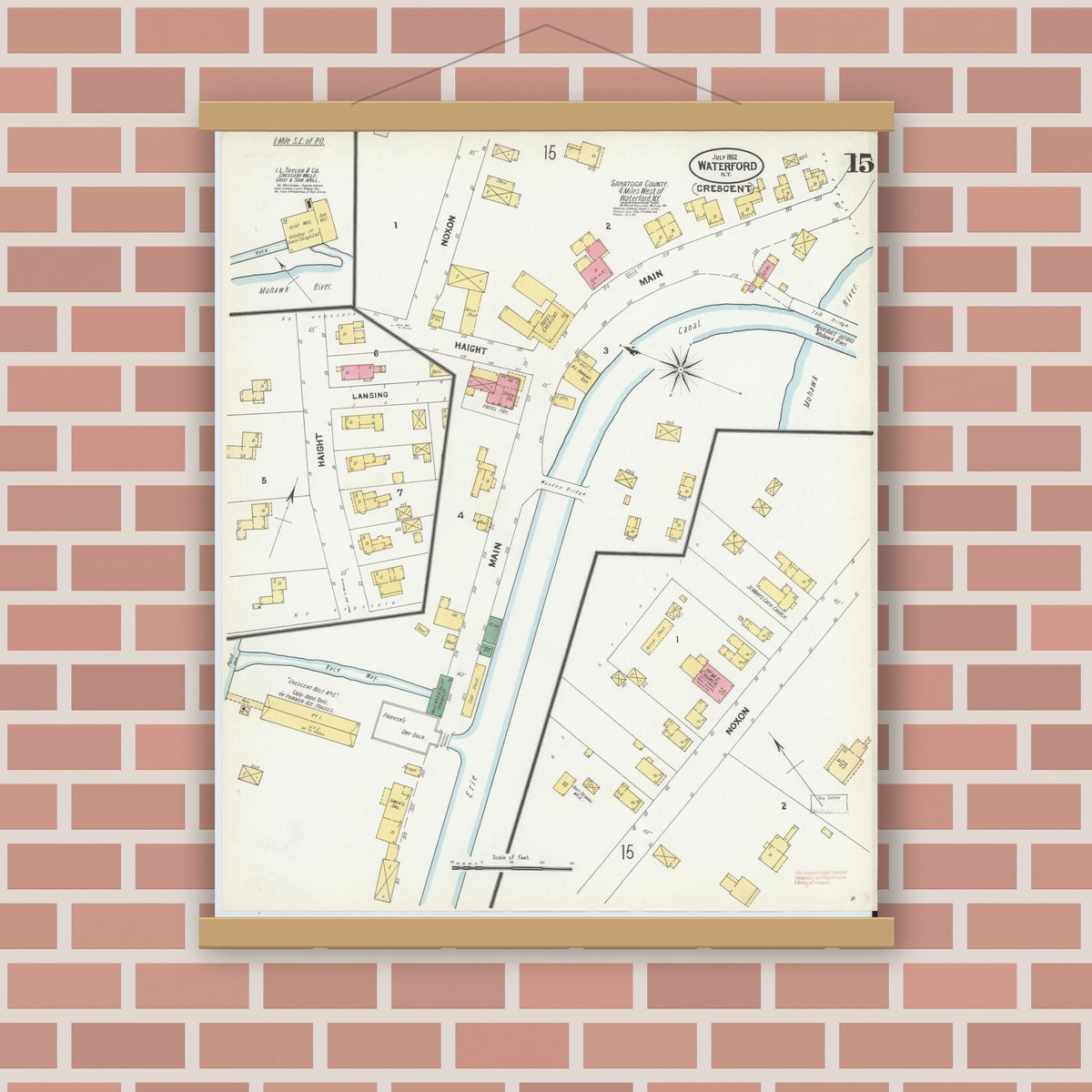 Old map wall art mockup — magnetic wood frame on brick wall — Sanborn Fire Insurance Map from Waterford, Saratoga County, New York (1902), Sheet #0015