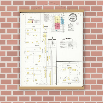 Old map wall art mockup — magnetic wood frame on brick wall — Sanborn Fire Insurance Map from Garner, Hancock County, Iowa (1907) â€” Complete Set