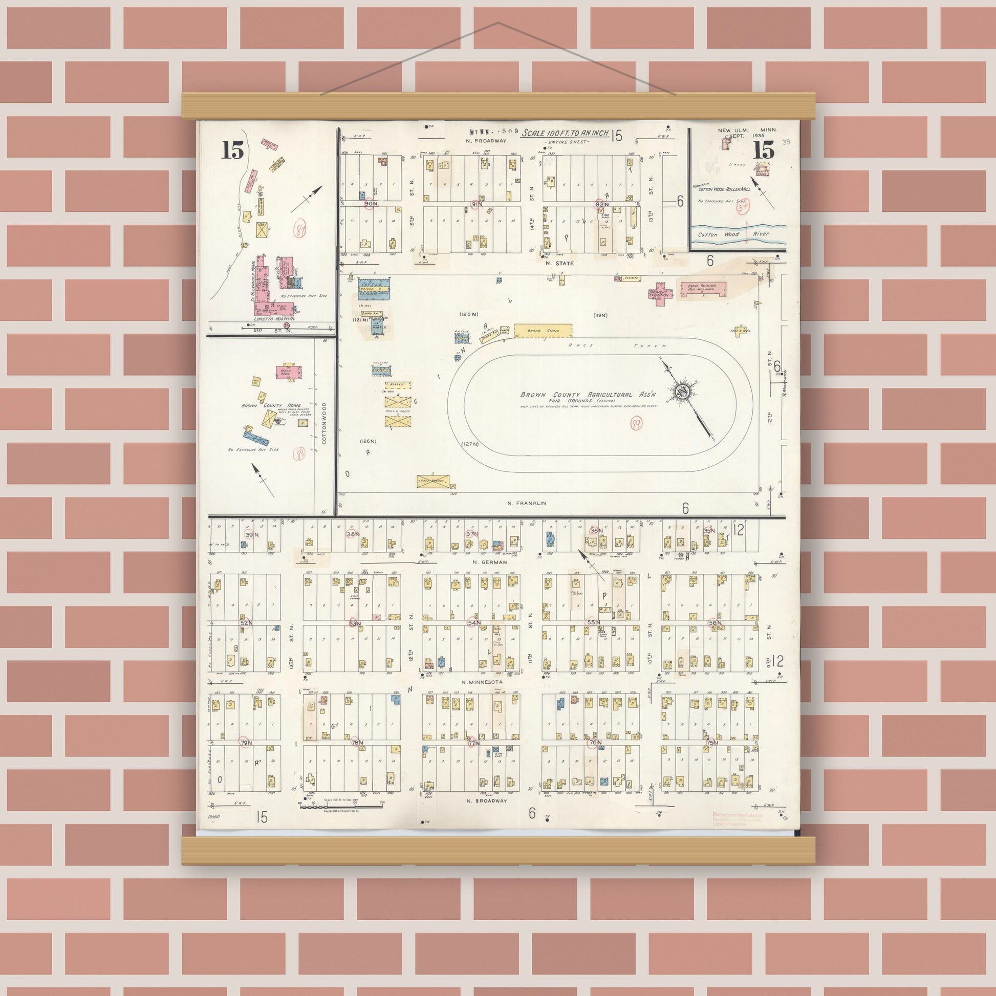 Old map wall art mockup — magnetic wood frame on brick wall — Sanborn Fire Insurance Map from New Ulm, Brown County, Minnesota (1946), Sheet #0015