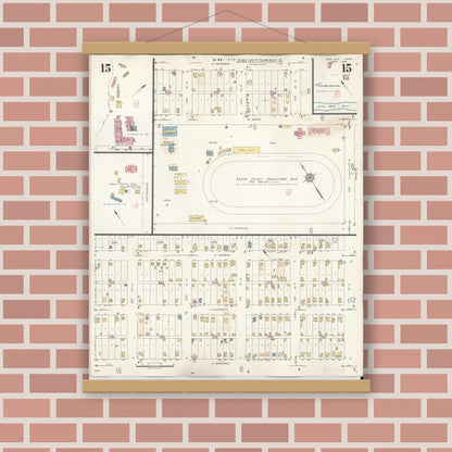 Old map wall art mockup — magnetic wood frame on brick wall — Sanborn Fire Insurance Map from New Ulm, Brown County, Minnesota (1946), Sheet #0015