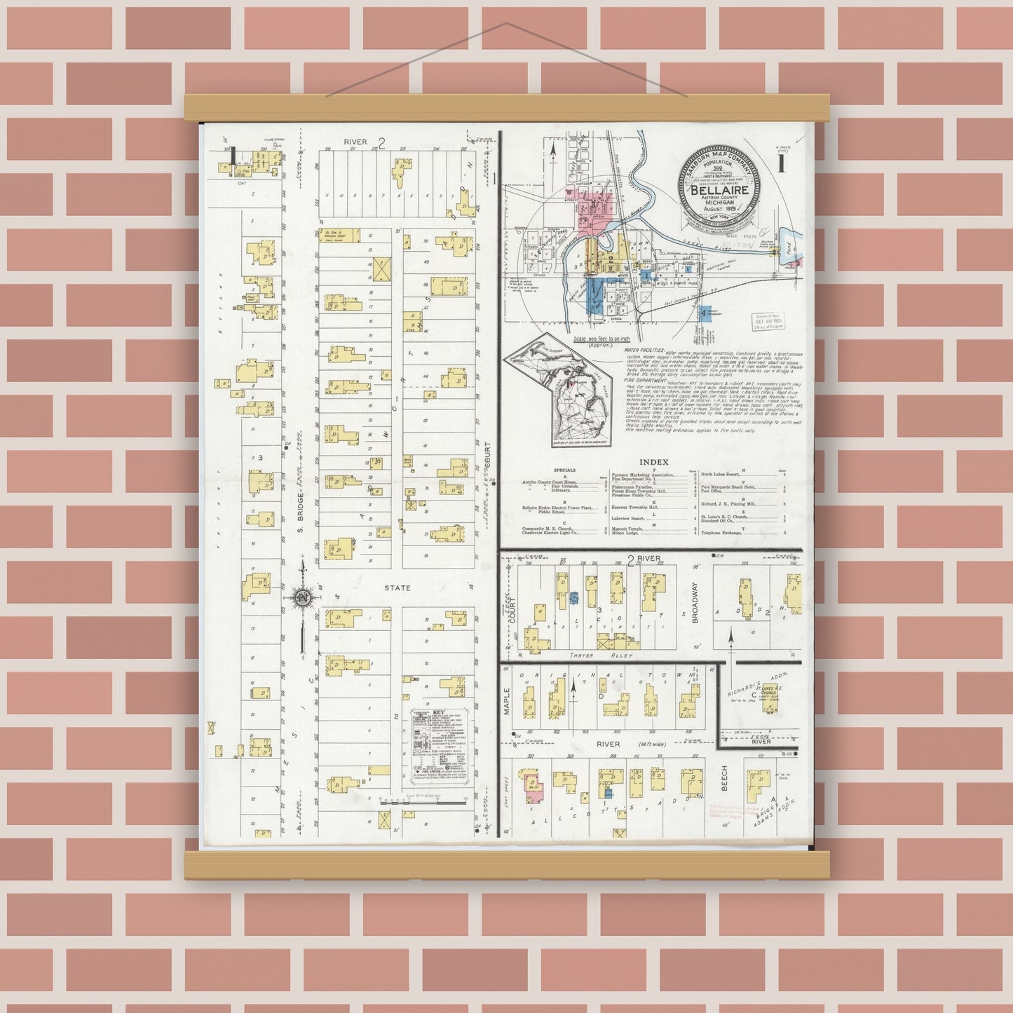 Old map wall art mockup — magnetic wood frame on brick wall — Sanborn Fire Insurance Map from Bellaire, Antrim County, Michigan (1929), Sheet #0001