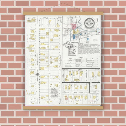 Old map wall art mockup — magnetic wood frame on brick wall — Sanborn Fire Insurance Map from Bellaire, Antrim County, Michigan (1929), Sheet #0001