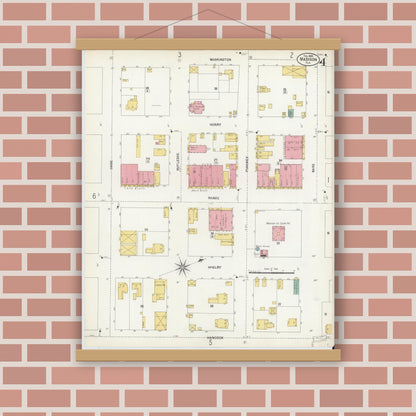 Old map wall art mockup — magnetic wood frame on brick wall — Sanborn Fire Insurance Map from Madison, Madison County, Florida (1903), Sheet #0004