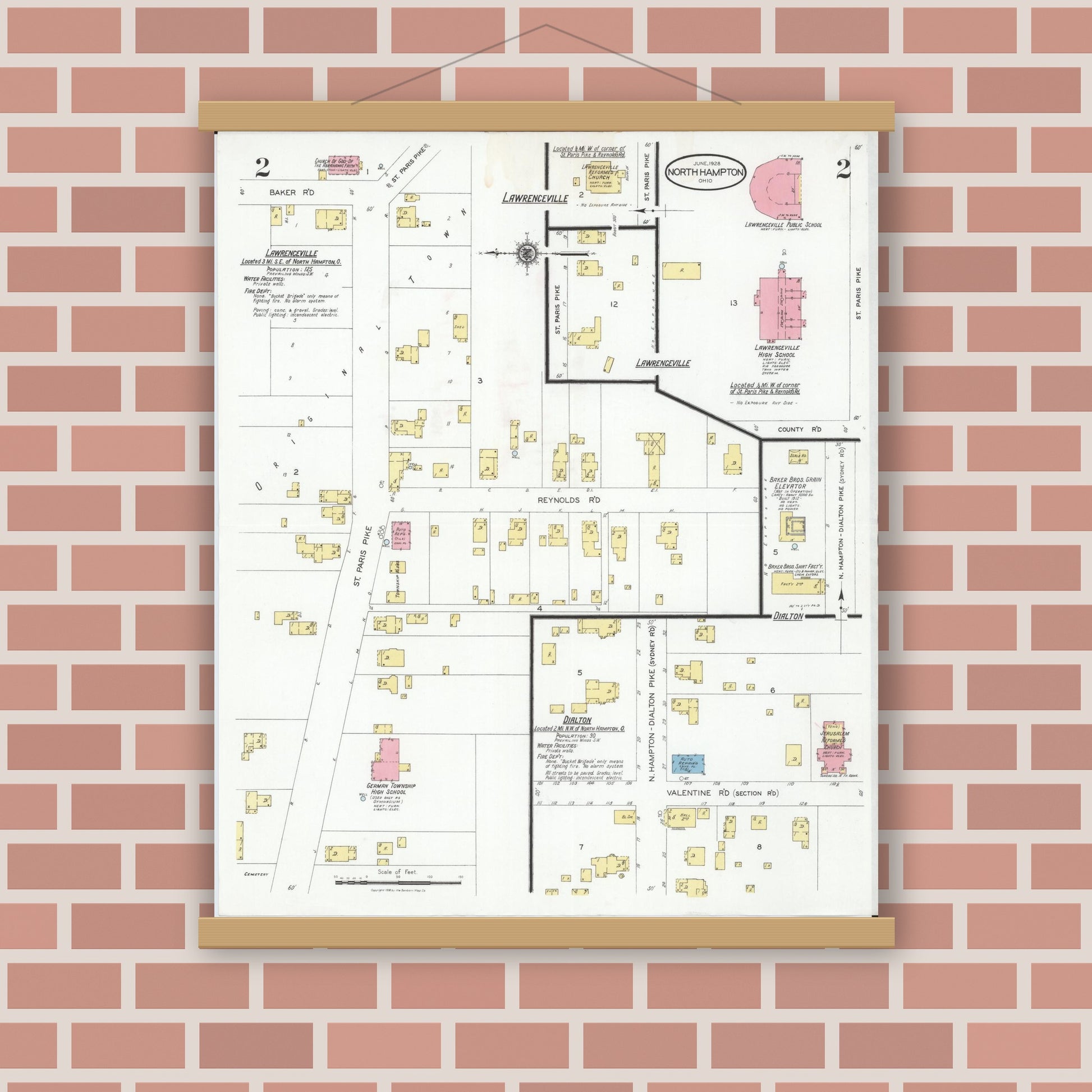 Old map wall art mockup — magnetic wood frame on brick wall — Sanborn Fire Insurance Map from North Hampton, Clark County, Ohio (1928), Sheet #0002