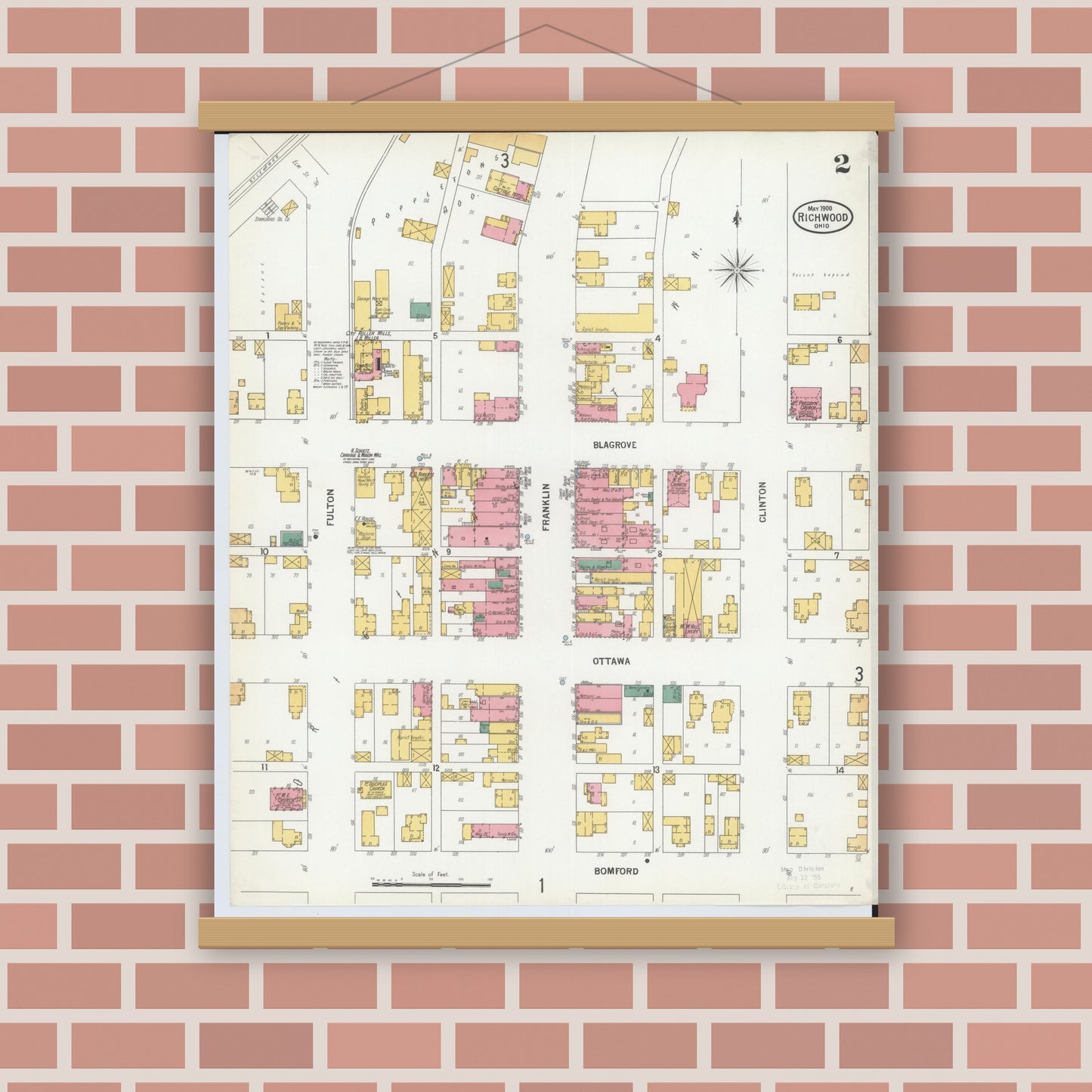 Old map wall art mockup — magnetic wood frame on brick wall — Sanborn Fire Insurance Map from Richwood, Union County, Ohio (1900), Sheet #0002