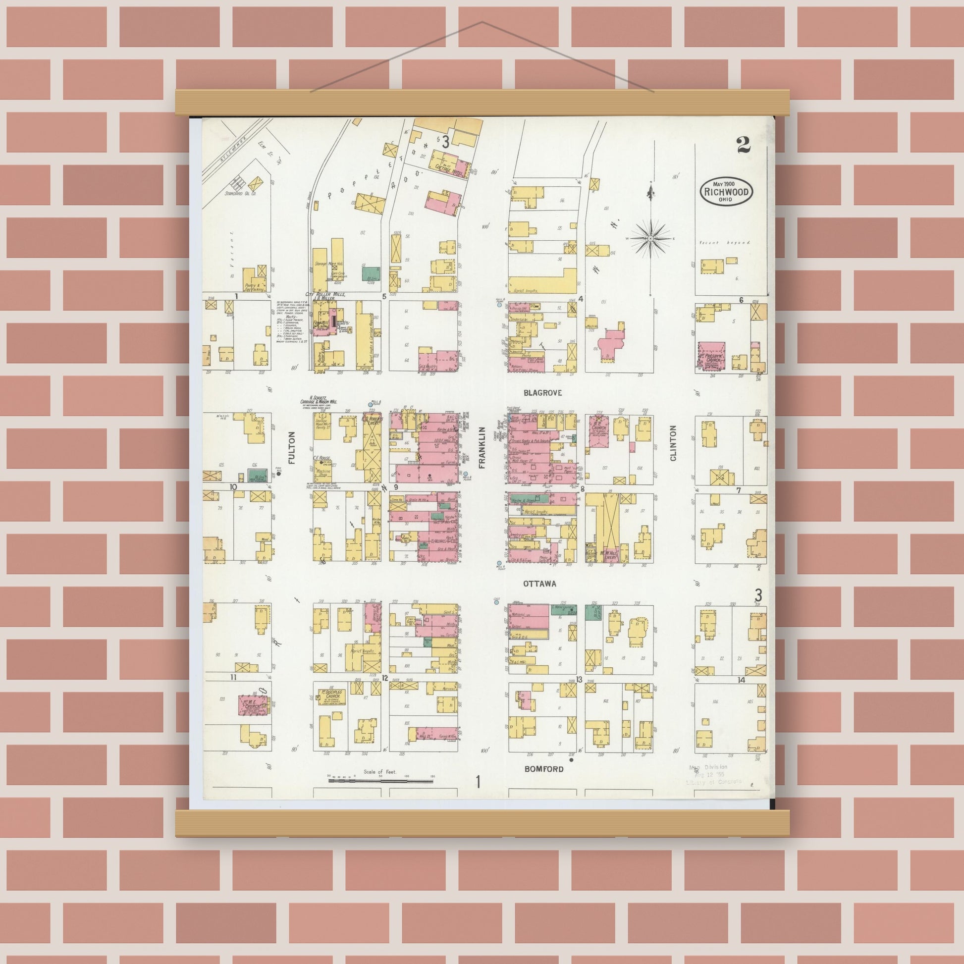 Old map wall art mockup — magnetic wood frame on brick wall — Sanborn Fire Insurance Map from Richwood, Union County, Ohio (1900), Sheet #0002