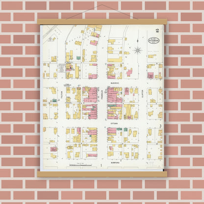 Old map wall art mockup — magnetic wood frame on brick wall — Sanborn Fire Insurance Map from Richwood, Union County, Ohio (1900), Sheet #0002