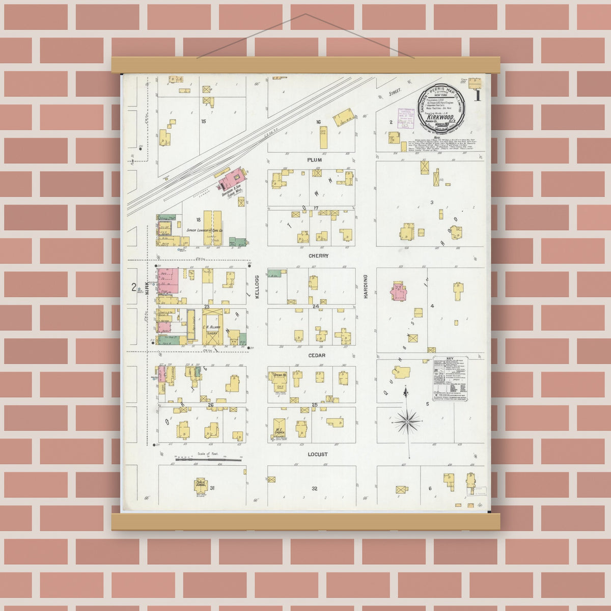 Old map wall art mockup — magnetic wood frame on brick wall — Sanborn Fire Insurance Map from Kirkwood, Warren County, Illinois (1901), Sheet #0001