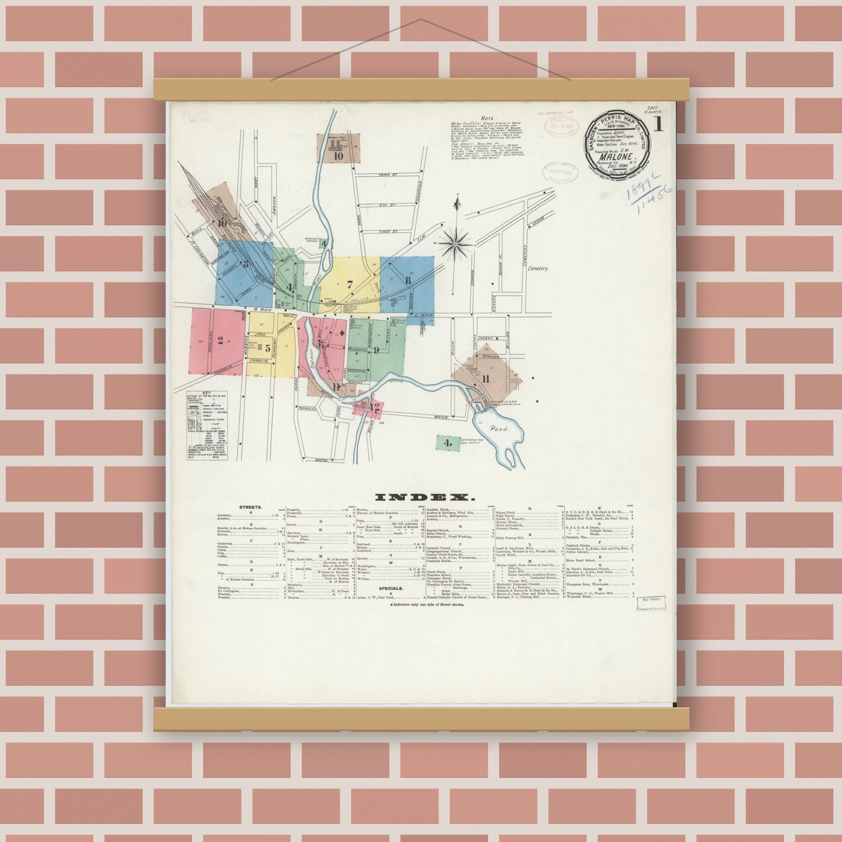 Old map wall art mockup — magnetic wood frame on brick wall — Sanborn Fire Insurance Map from Malone, Franklin County, New York (1898), Sheet #0001