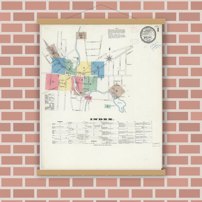 Old map wall art mockup — magnetic wood frame on brick wall — Sanborn Fire Insurance Map from Malone, Franklin County, New York (1898), Sheet #0001