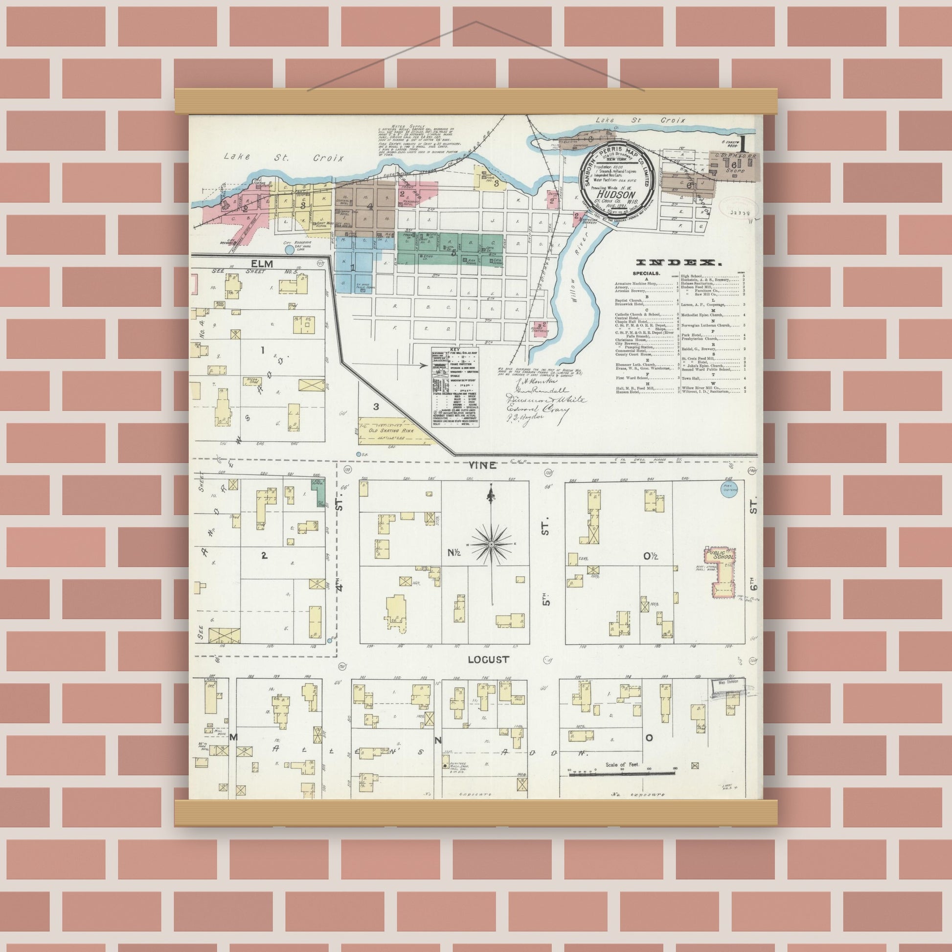 Old map wall art mockup — magnetic wood frame on brick wall — Sanborn Fire Insurance Map from Hudson, St. Croix County, Wisconsin (1891) - Complete Map Set