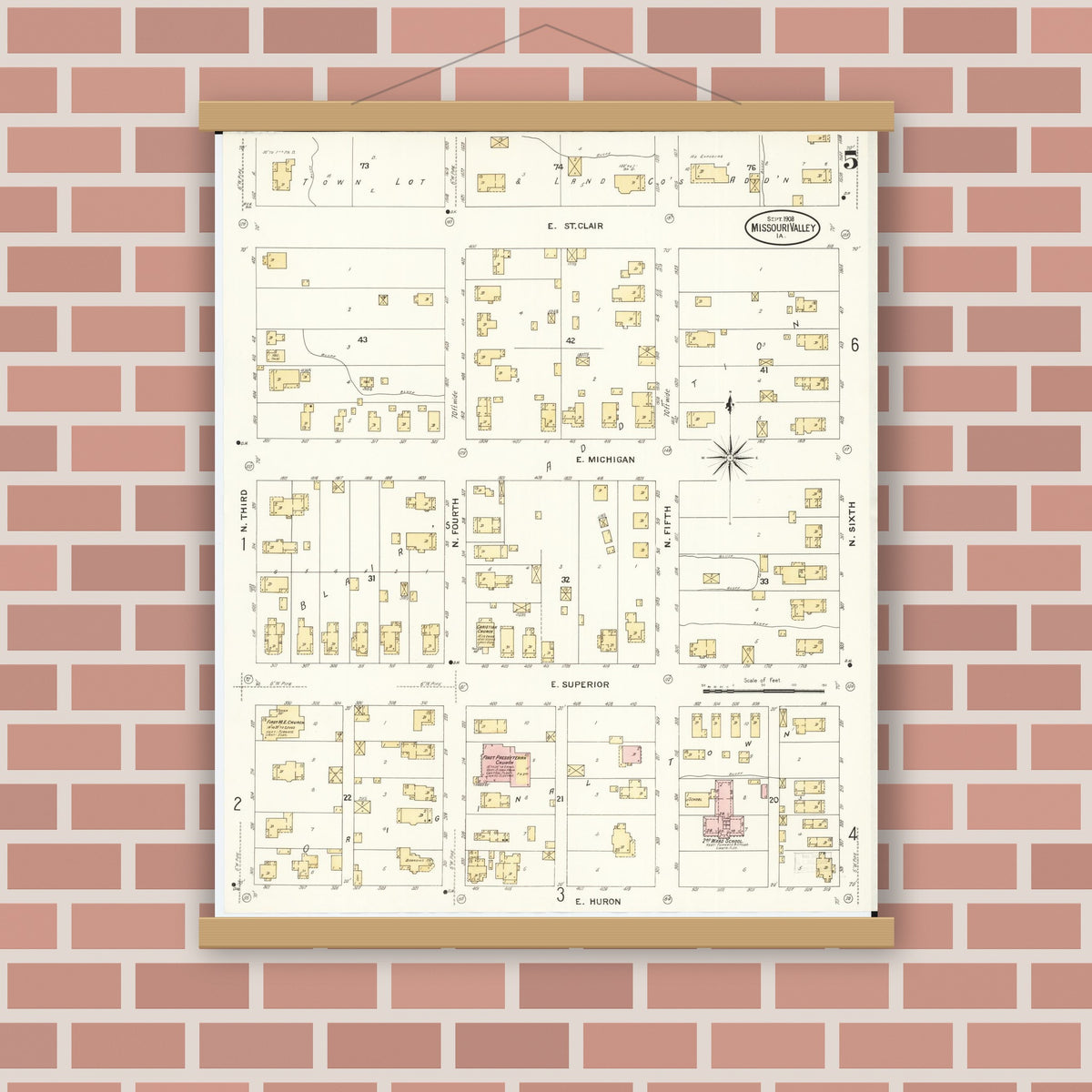 Old map wall art mockup — magnetic wood frame on brick wall — Sanborn Fire Insurance Map from Missouri Valley, Harrison County, Iowa (1908), Sheet #0005