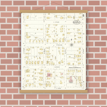 Old map wall art mockup — magnetic wood frame on brick wall — Sanborn Fire Insurance Map from Missouri Valley, Harrison County, Iowa (1908), Sheet #0005