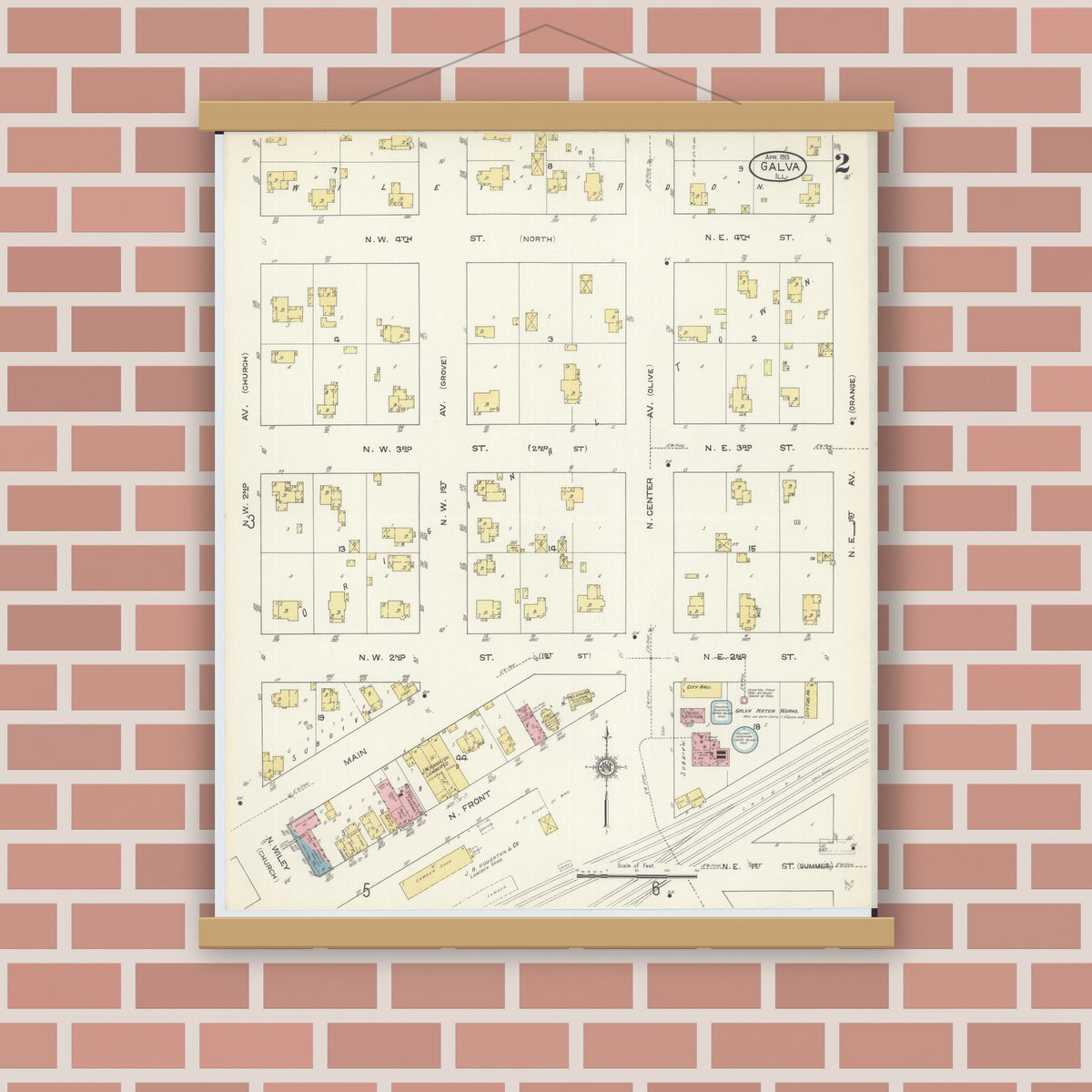 Old map wall art mockup — magnetic wood frame on brick wall — Sanborn Fire Insurance Map from Galva, Henry County, Illinois (1913), Sheet #0002