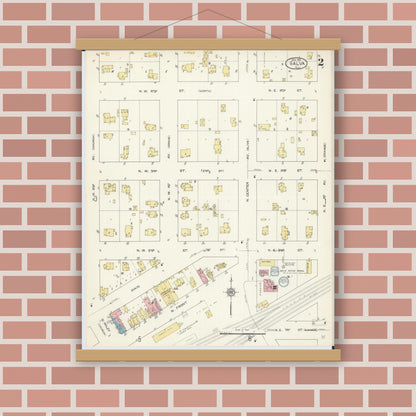Old map wall art mockup — magnetic wood frame on brick wall — Sanborn Fire Insurance Map from Galva, Henry County, Illinois (1913), Sheet #0002