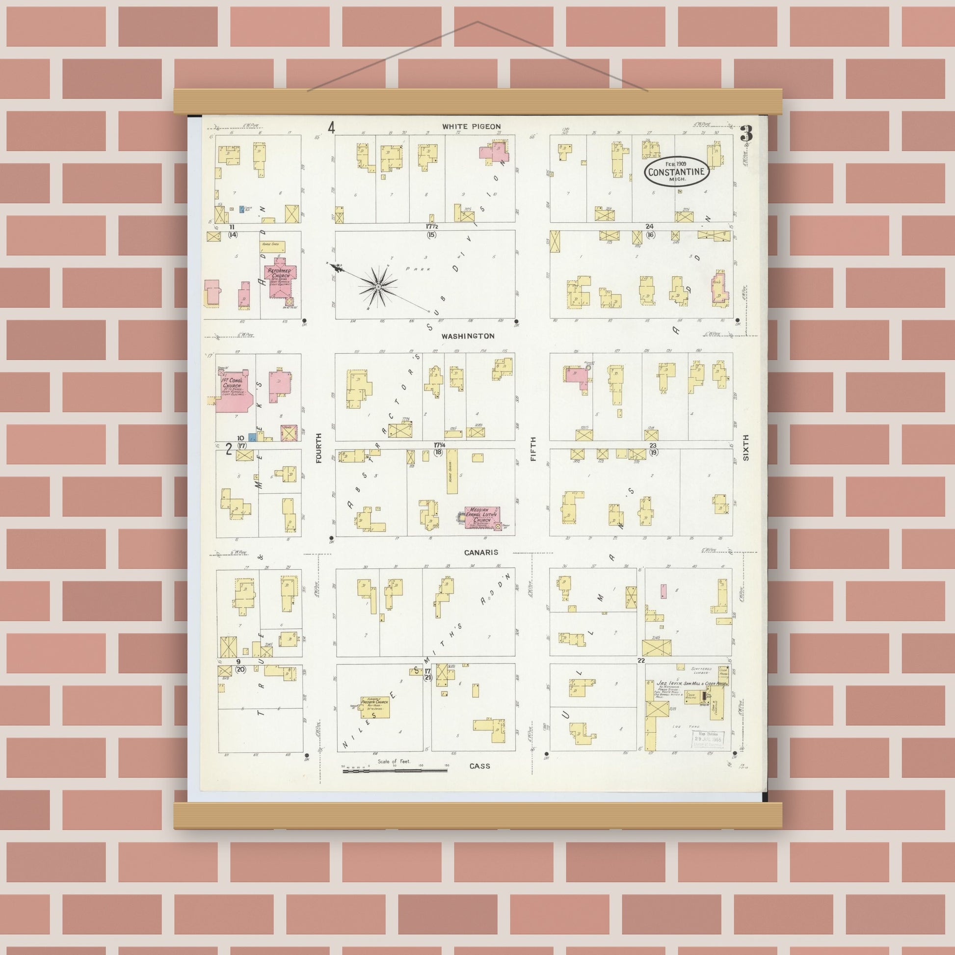 Old map wall art mockup — magnetic wood frame on brick wall — Sanborn Fire Insurance Map from Constantine, Saint Joseph County, Michigan (1909), Sheet #0003