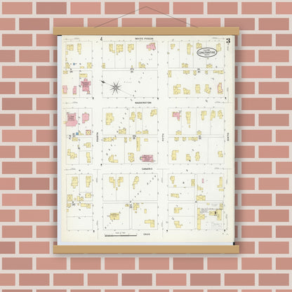 Old map wall art mockup — magnetic wood frame on brick wall — Sanborn Fire Insurance Map from Constantine, Saint Joseph County, Michigan (1909), Sheet #0003