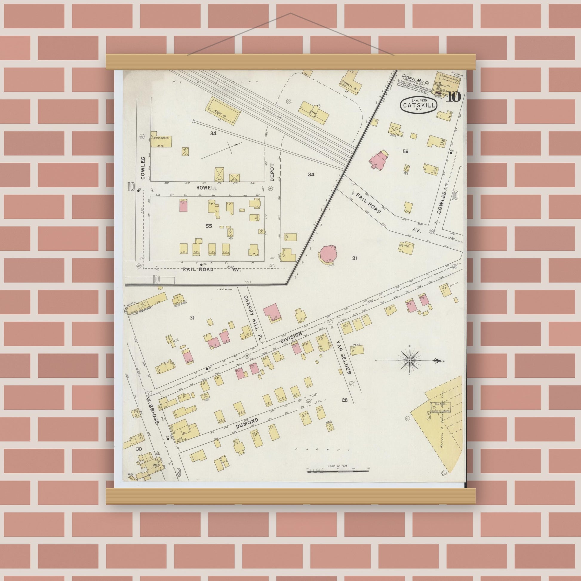 Old map wall art mockup — magnetic wood frame on brick wall — Sanborn Fire Insurance Map from Catskill, Greene County, New York (1895), Sheet #0010