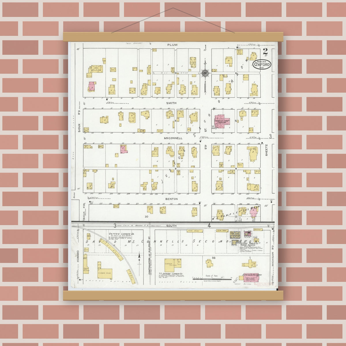 Old map wall art mockup — magnetic wood frame on brick wall — Sanborn Fire Insurance Map from Oxford, Benton County, Indiana (1919), Sheet #0002