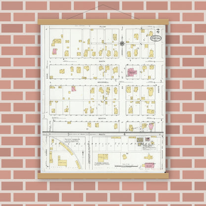 Old map wall art mockup — magnetic wood frame on brick wall — Sanborn Fire Insurance Map from Oxford, Benton County, Indiana (1919), Sheet #0002