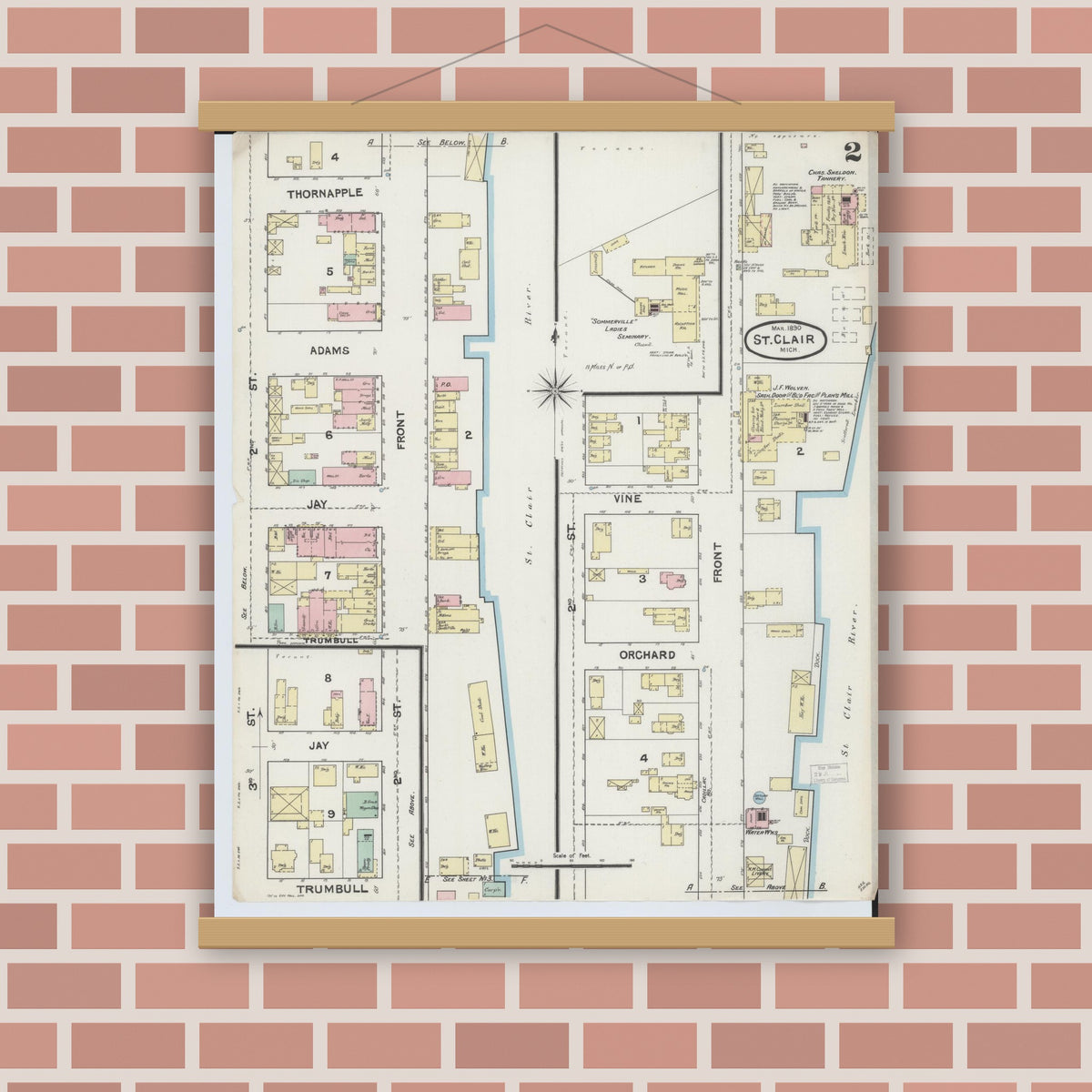 Old map wall art mockup — magnetic wood frame on brick wall — Sanborn Fire Insurance Map from Saint Clair, Saint Clair County, Michigan (1890), Sheet #0002