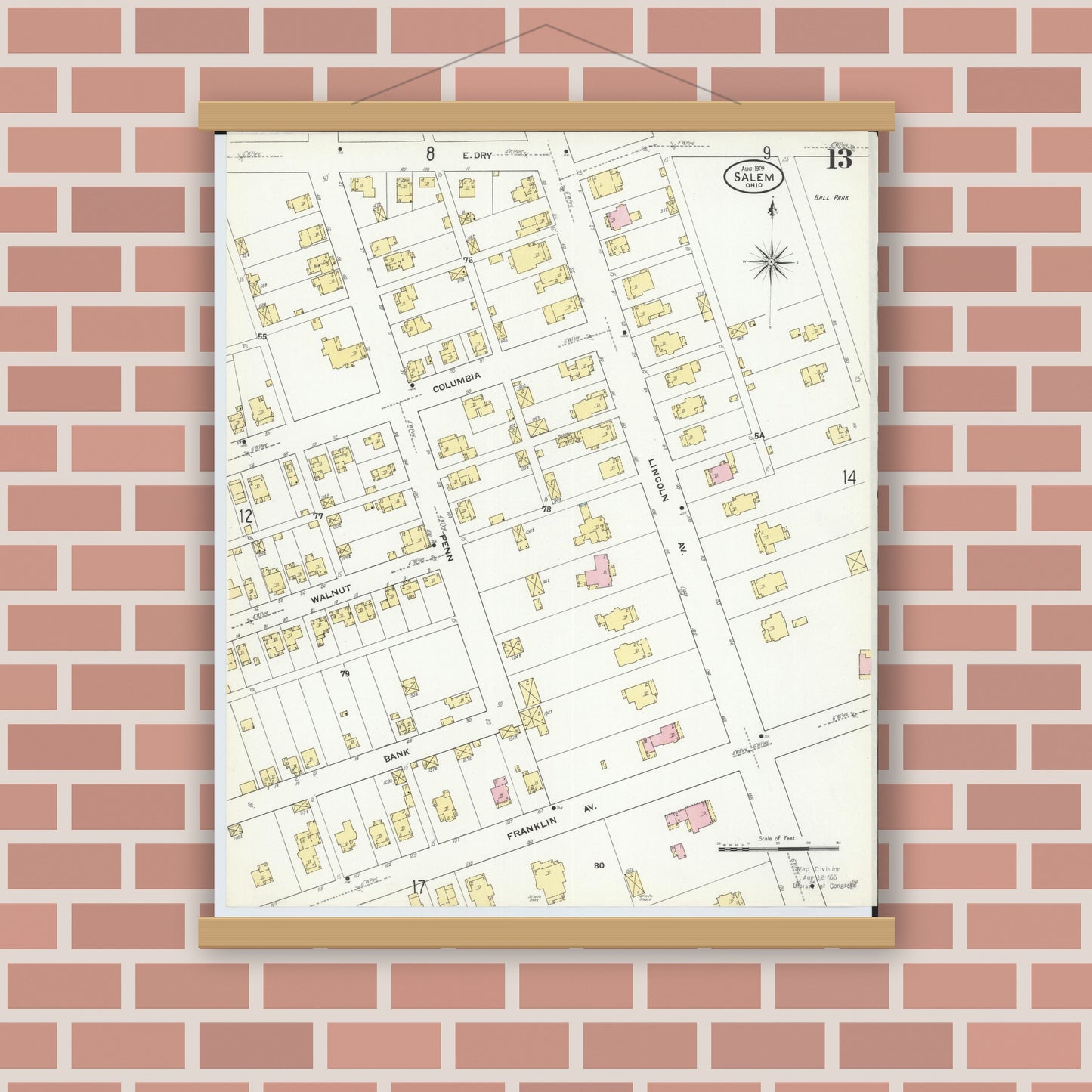 Old map wall art mockup — magnetic wood frame on brick wall — Sanborn Fire Insurance Map from Salem, Columbiana County, Ohio (1909), Sheet #0013