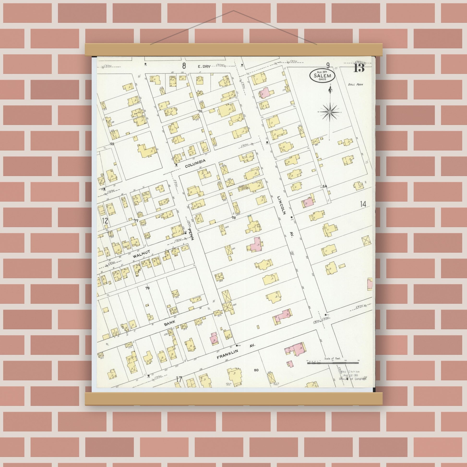 Old map wall art mockup — magnetic wood frame on brick wall — Sanborn Fire Insurance Map from Salem, Columbiana County, Ohio (1909), Sheet #0013