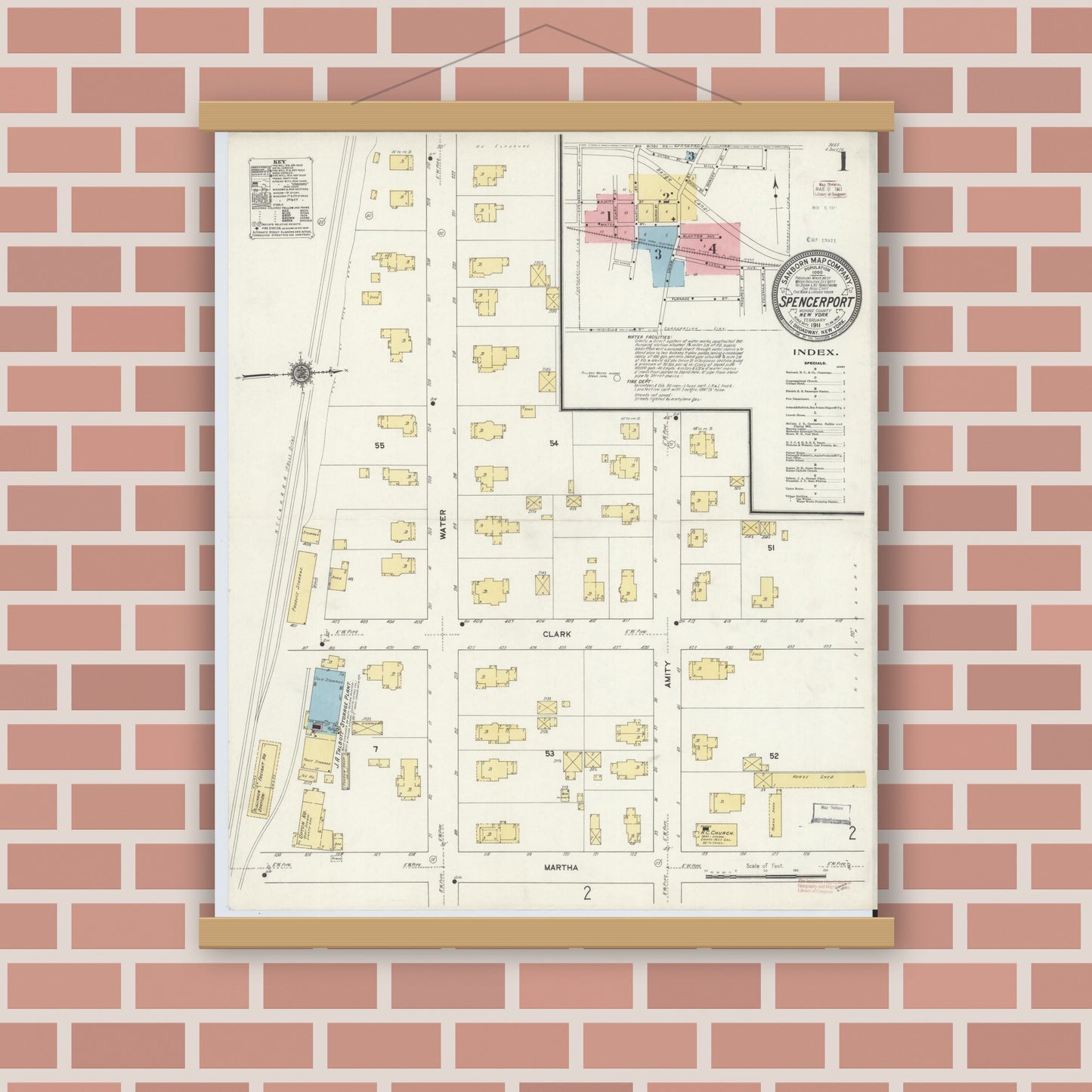 Old map wall art mockup — magnetic wood frame on brick wall — Sanborn Fire Insurance Map from Spencerport, Monroe County, New York (1911), Sheet #0001