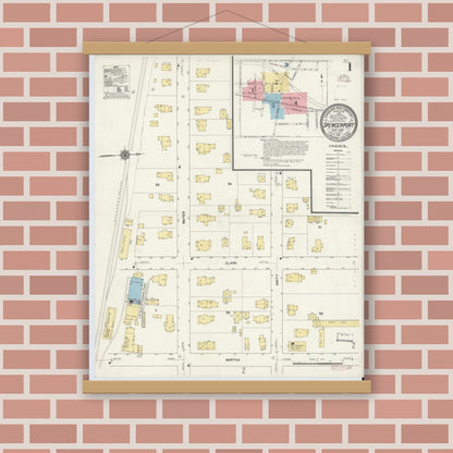 Old map wall art mockup — magnetic wood frame on brick wall — Sanborn Fire Insurance Map from Spencerport, Monroe County, New York (1911), Sheet #0001
