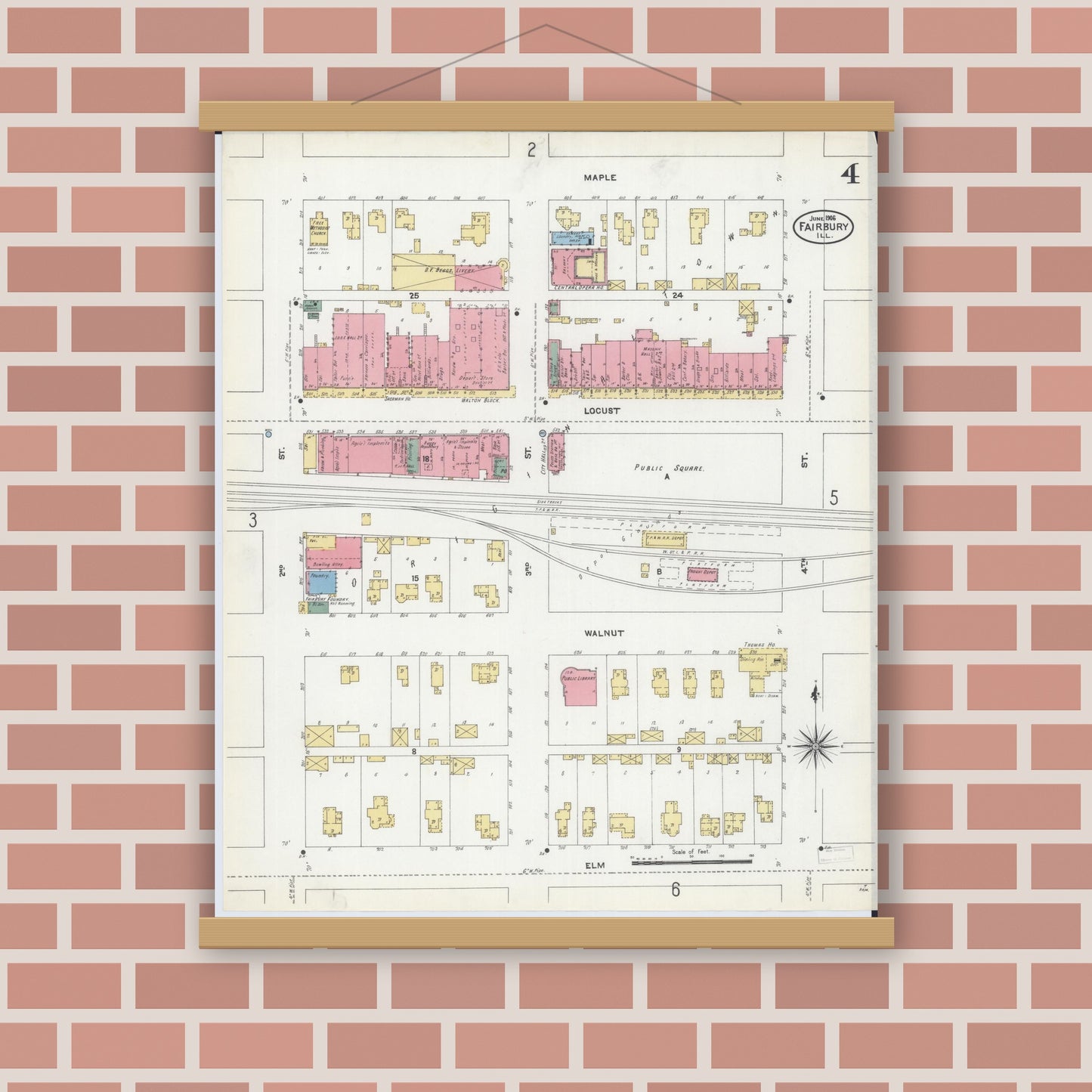 Old map wall art mockup — magnetic wood frame on brick wall — Sanborn Fire Insurance Map from Fairbury, Livingston County, Illinois (1906), Sheet #0004