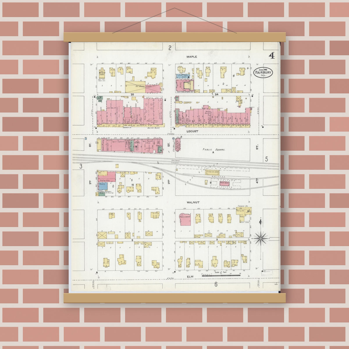 Old map wall art mockup — magnetic wood frame on brick wall — Sanborn Fire Insurance Map from Fairbury, Livingston County, Illinois (1906), Sheet #0004