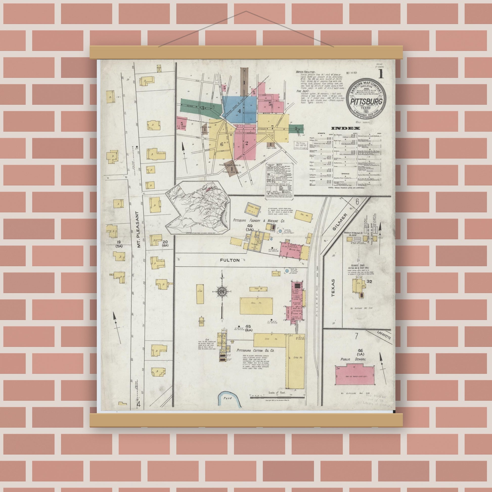 Old map wall art mockup — magnetic wood frame on brick wall — Sanborn Fire Insurance Map from Pittsburg, Camp County, Texas (1921) - Complete Map Set