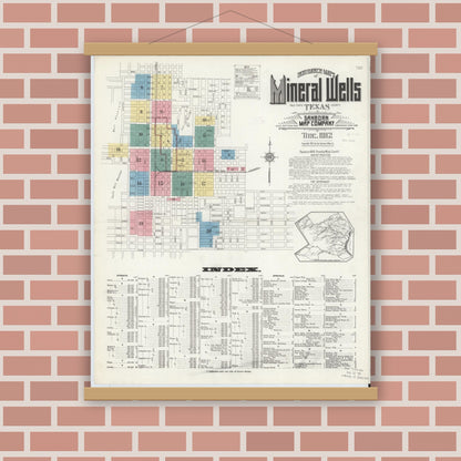 Old map wall art mockup — magnetic wood frame on brick wall — Sanborn Fire Insurance Map from Mineral Wells, Palo Pinto County, Texas (1912) - Complete Map Set