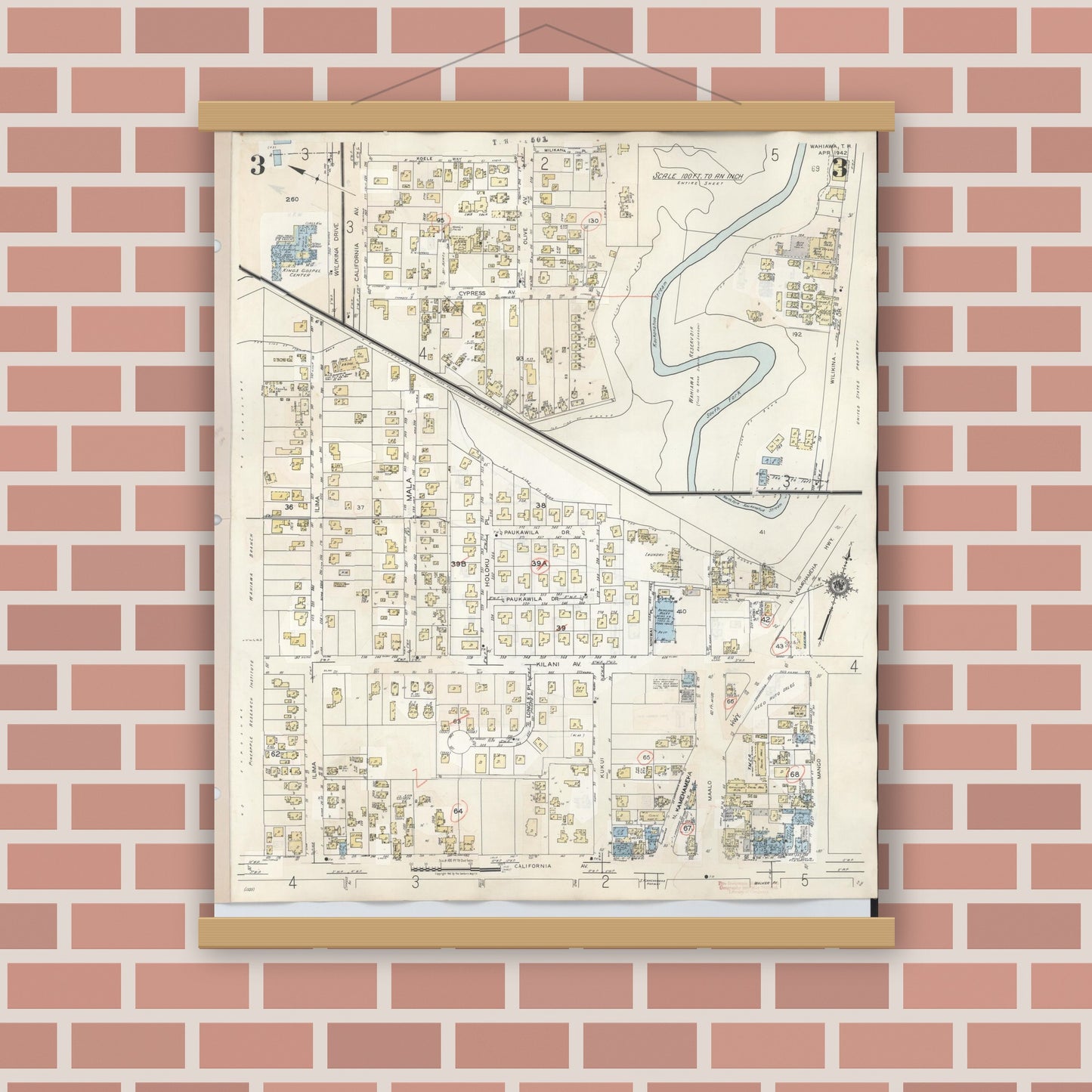 Old map wall art mockup — magnetic wood frame on brick wall — Sanborn Fire Insurance Map from Wahiawa, Honolulu County, Hawaii (1957), Sheet #0003