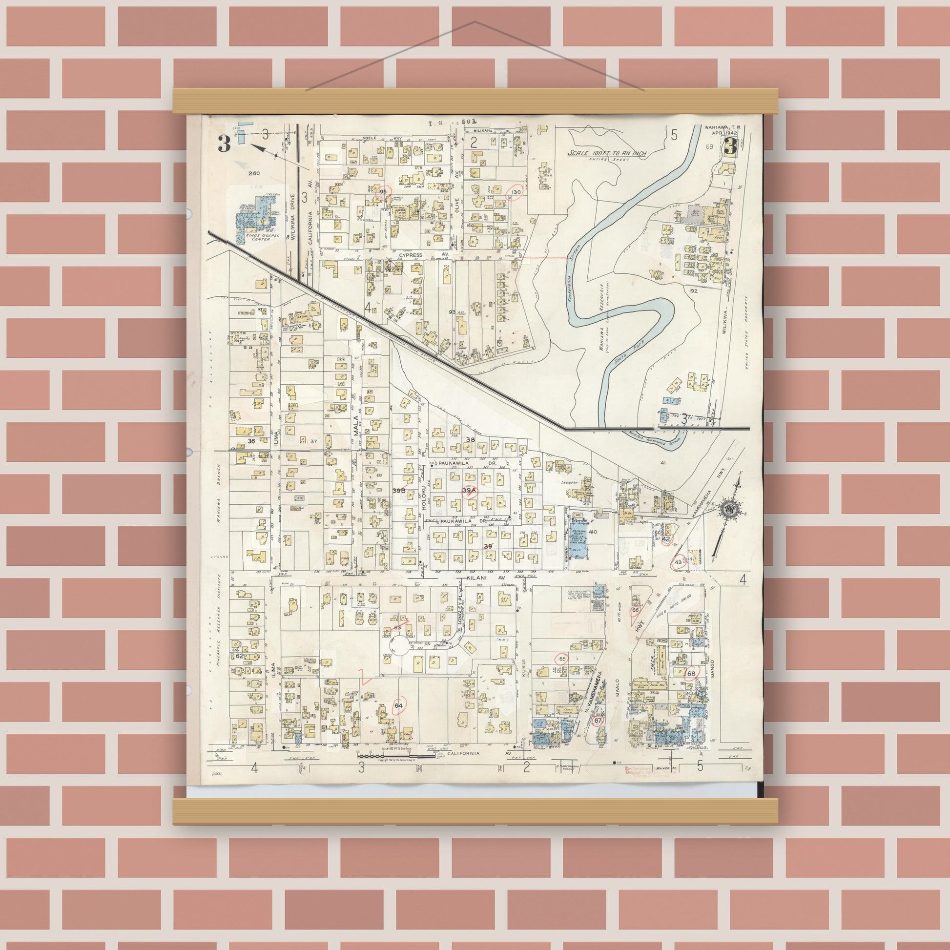 Old map wall art mockup — magnetic wood frame on brick wall — Sanborn Fire Insurance Map from Wahiawa, Honolulu County, Hawaii (1957), Sheet #0003