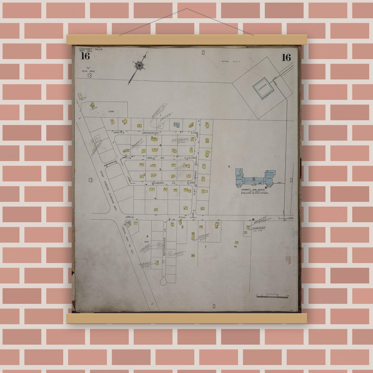 Old map wall art mockup — magnetic wood frame on brick wall — Sanborn Fire Insurance Map from Cohasset, Norfolk County, Massachusetts (1952), Sheet #0016